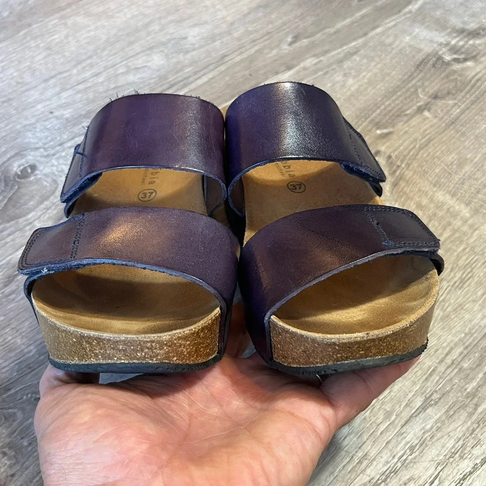 Lola Sabbia Eric Michael Purple Leather Cork Platform Wedge Sandals EU 37